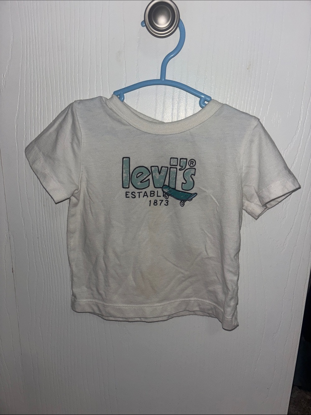 Levi's White Tee with Teal Logo Skateboard Graphic
